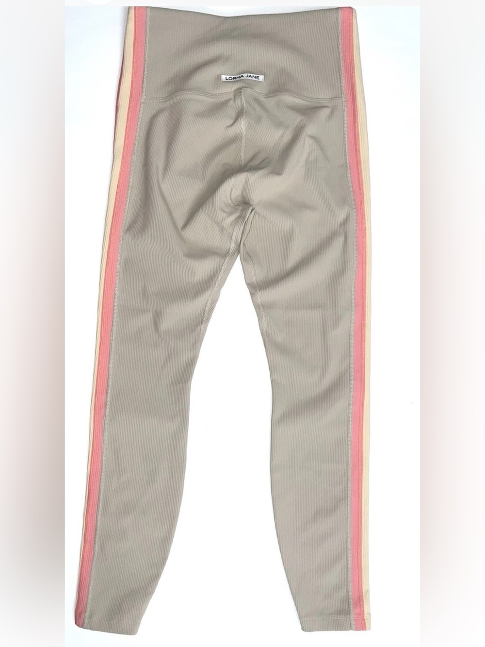 Lorna Jane Tan Ribbed Leggings w/ Pink,Yellow Side Stripes Sz XS NWOT